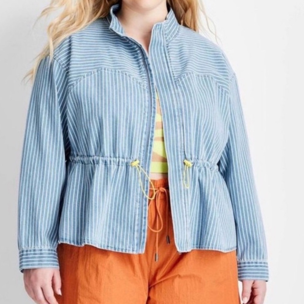 Light Blue Striped Jean Jacket with Drawstring Waist